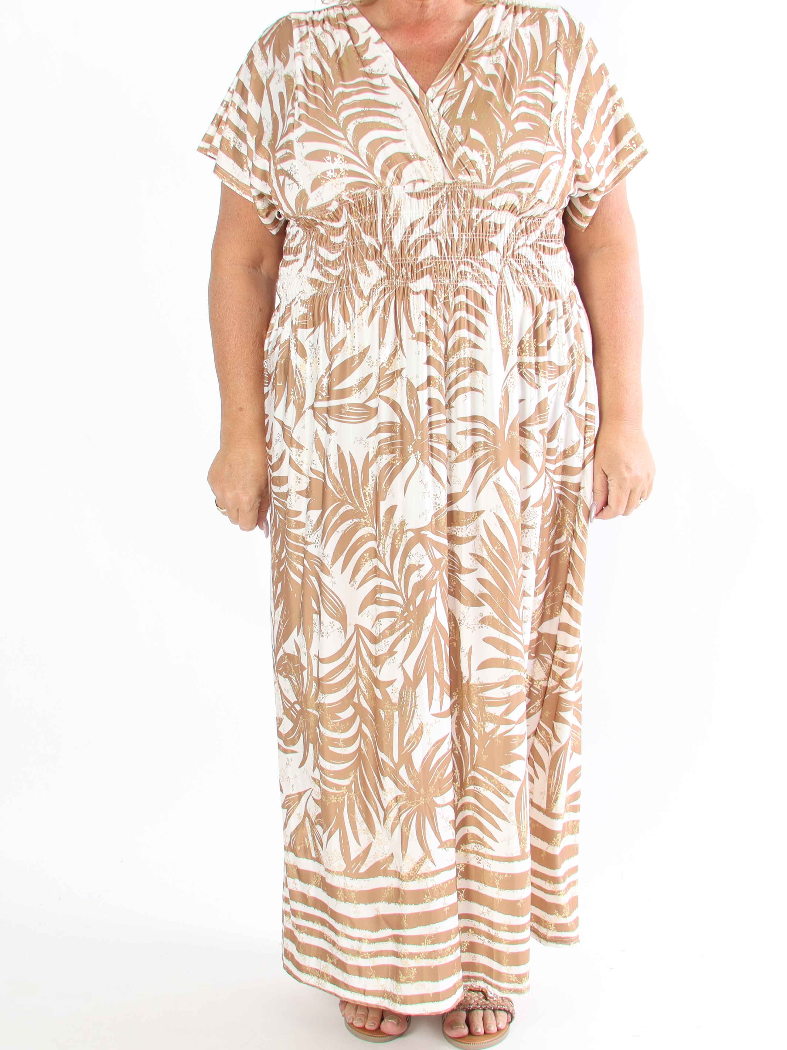 Pams Palm - Lang plus size kjole med palmeblade og smock i livet